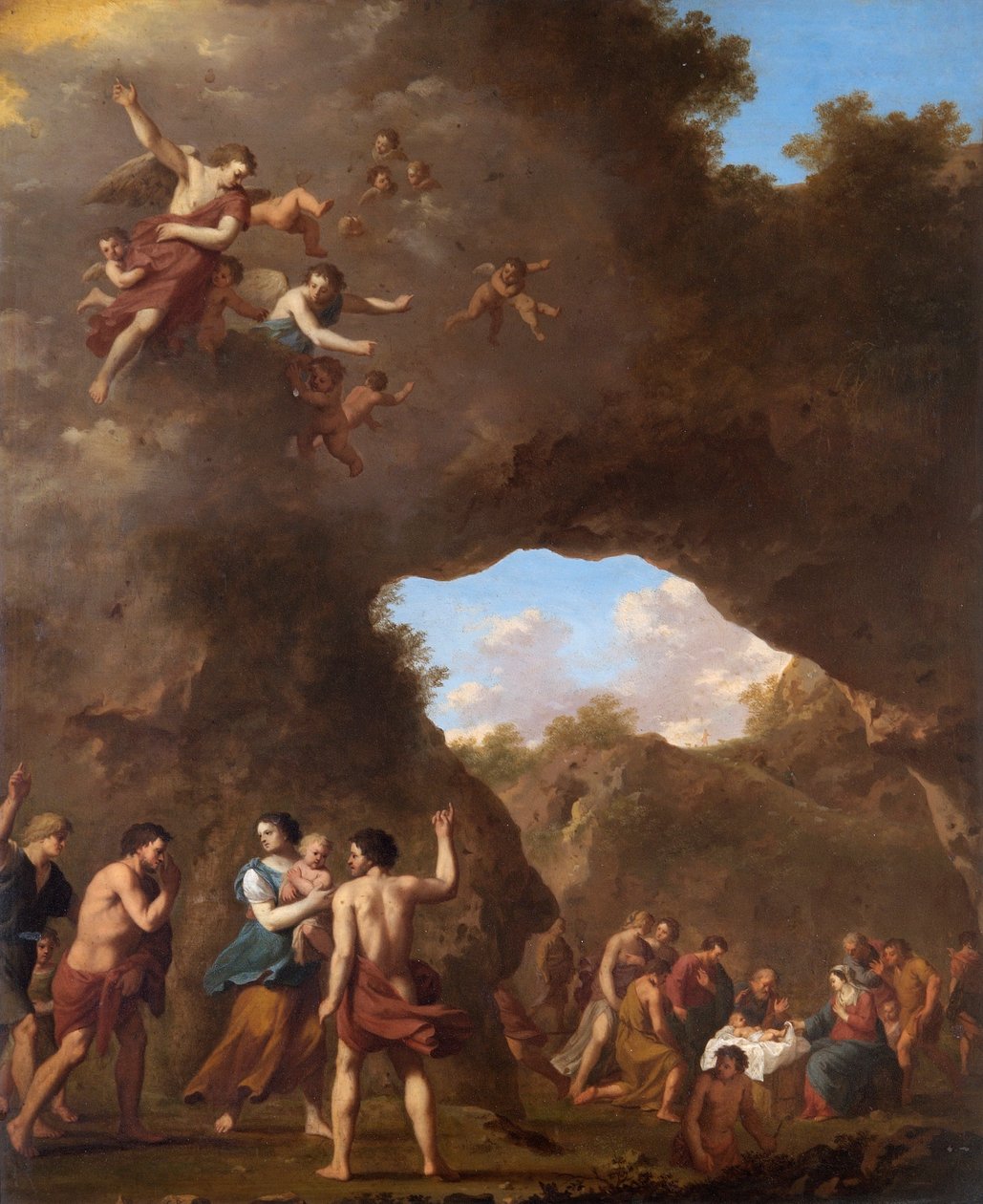 „Andělé vedou pastýře k narození Páně“, 17. století od Cornelis van Poelenburgh