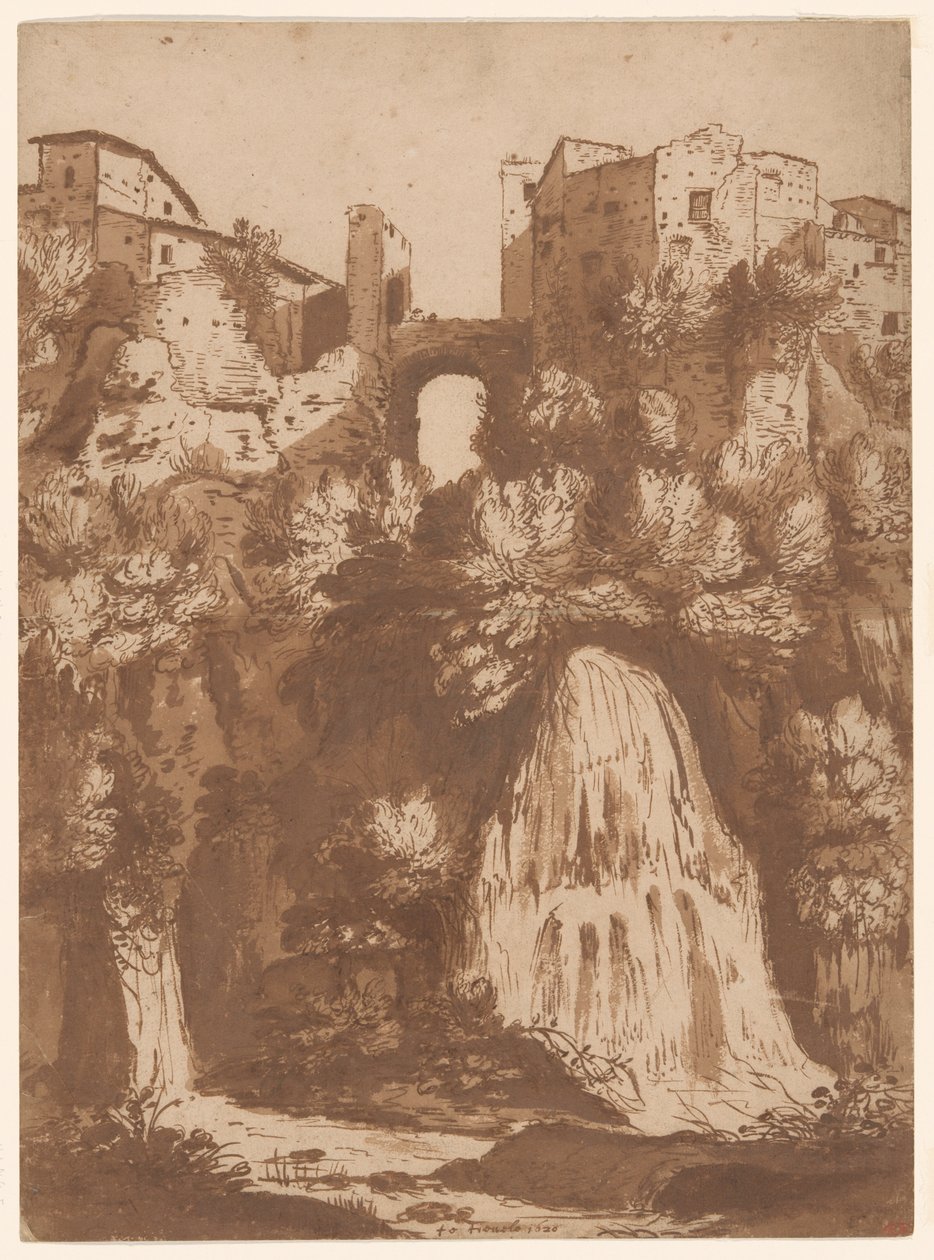 Pohled na Tivoli s mostem přes vodopád Anio od Cornelis van Poelenburgh