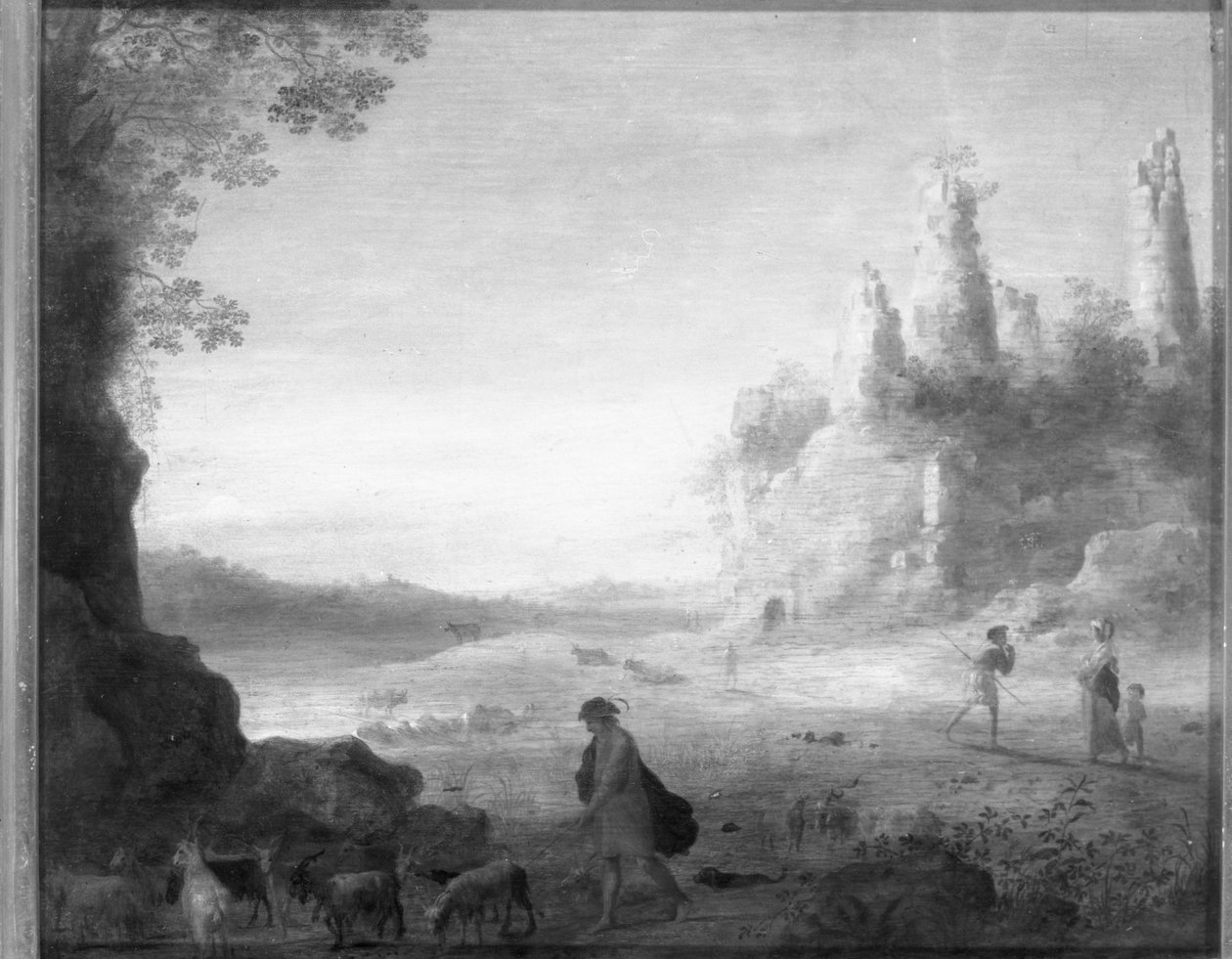 Italská krajina s Dianou a Callisto s pastevcem koz poblíž zříceniny hradu od Cornelis van Poelenburgh or Poelenburch
