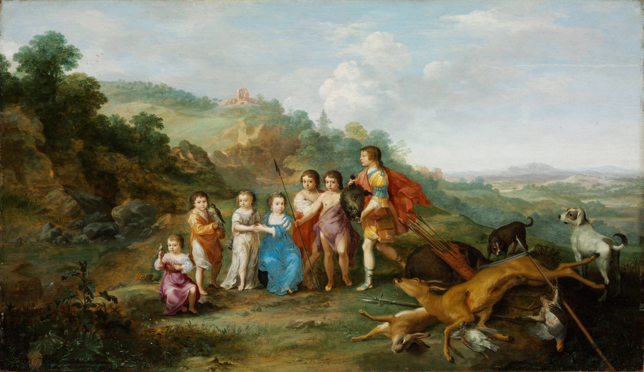 Sedm dětí Winterkinga - obraz Cornelis van Poelenburgh (1594 nebo 1595-1667), olej na dřevě (37,9 x 65,3 cm) od Cornelis van Poelenburgh or Poelenburch