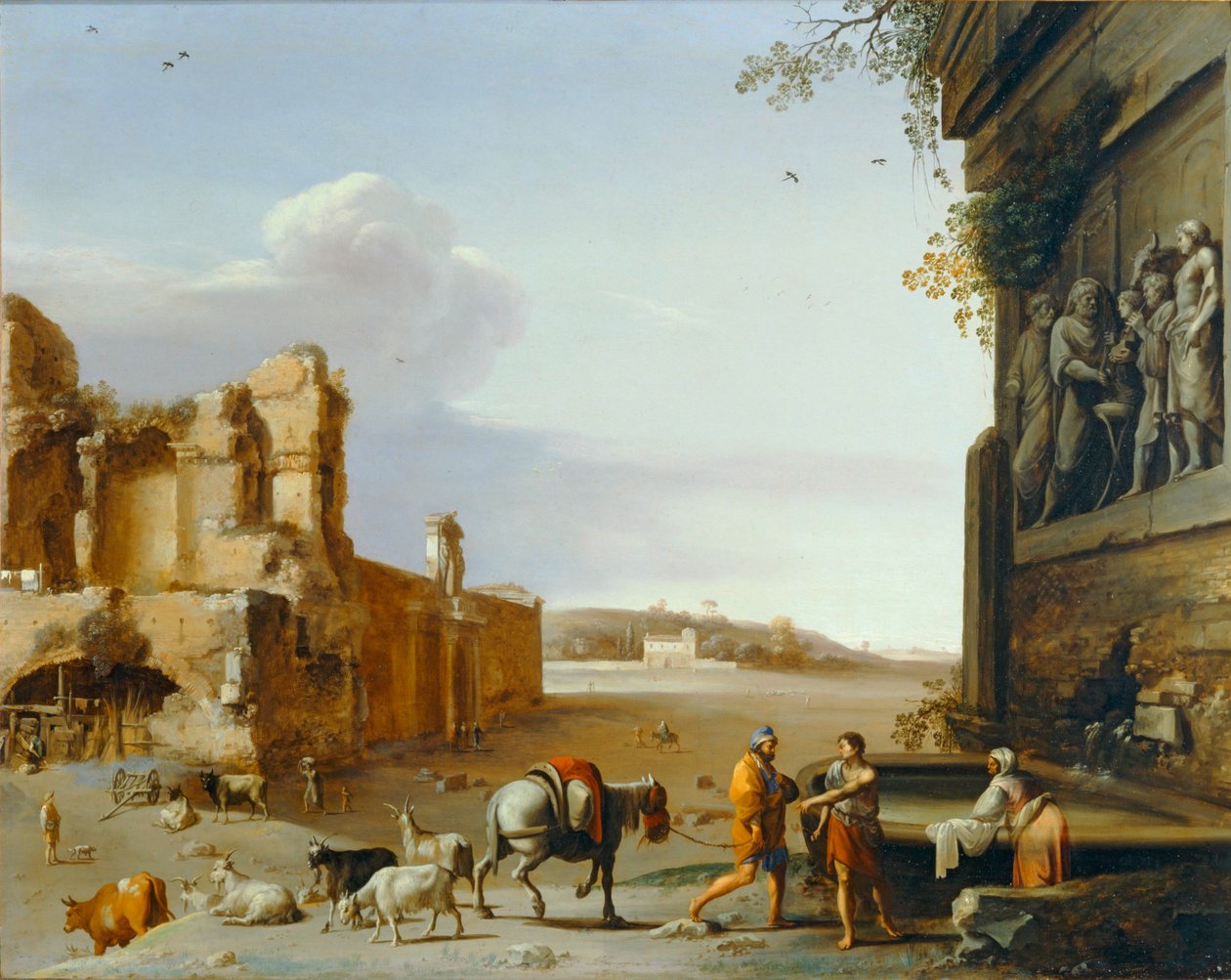 Ruiny starověkého Říma s reliéfem představujícím oběť Marka Aurelia ... od Cornelis van Poelenburgh or Poelenburch
