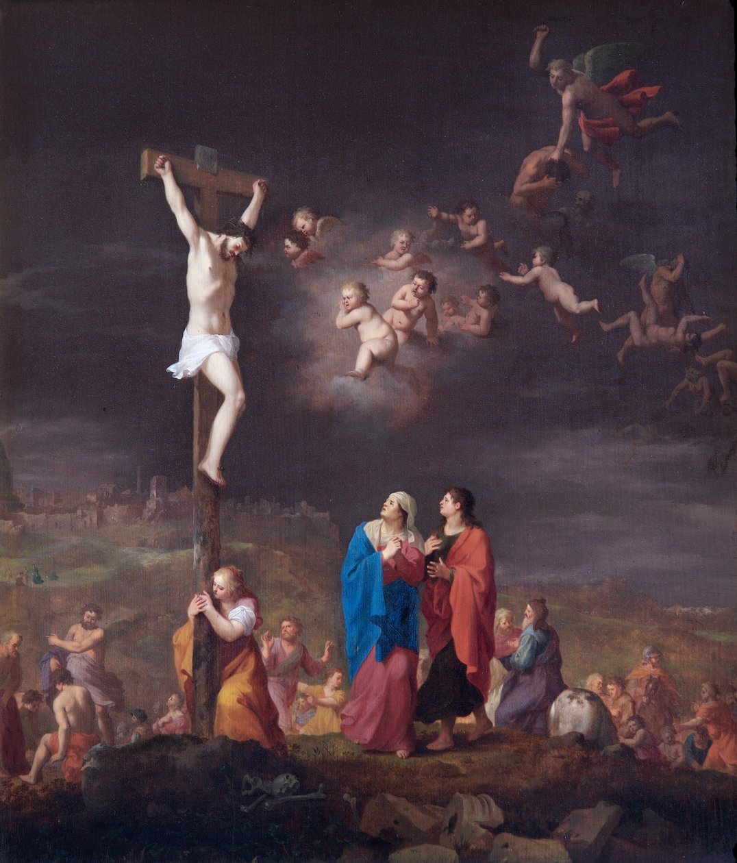 Ukřižování, s pádem povstaleckých andělů (olej na dubovém panelu) od Cornelis van Poelenburgh or Poelenburch