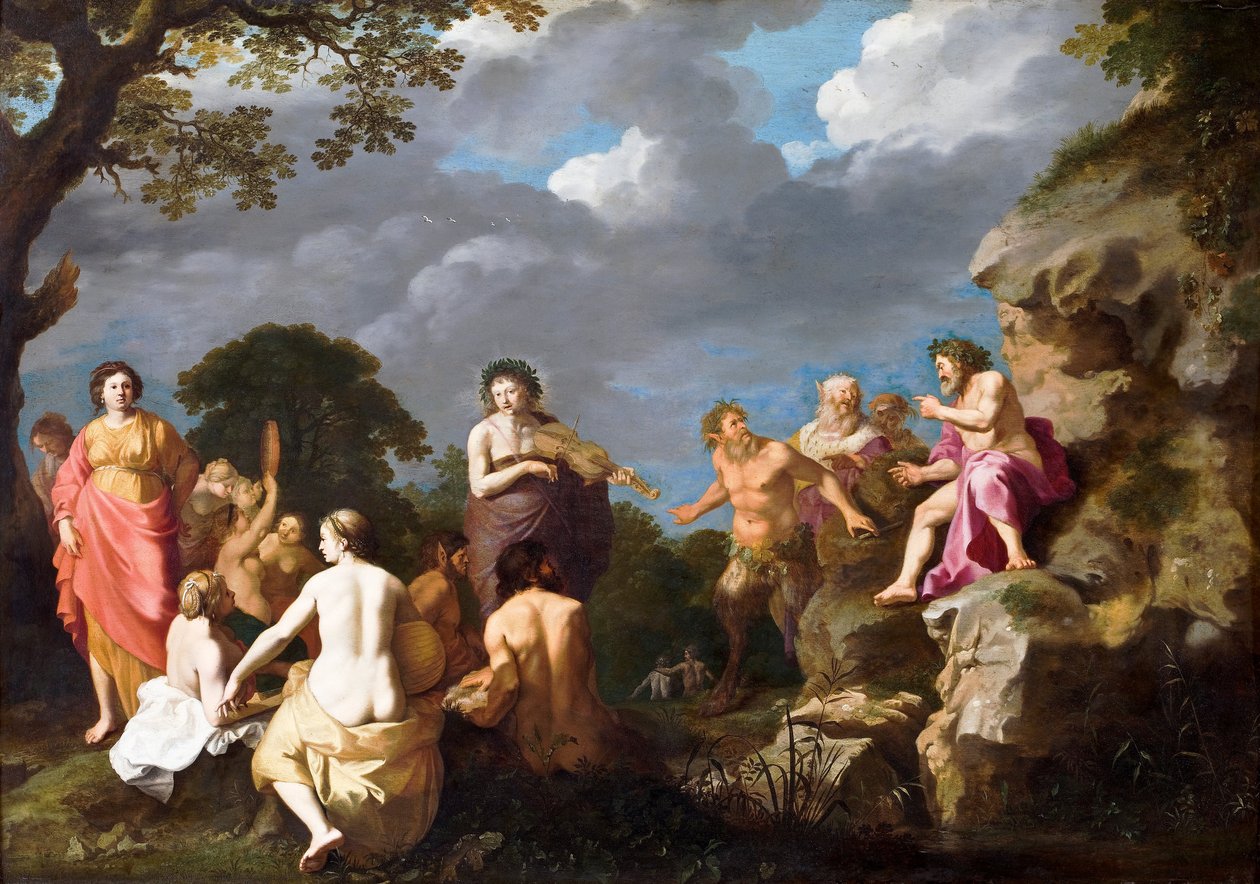 Hudební soutěž mezi Apollem a Marsyas od Cornelis van Poelenburgh or Poelenburch