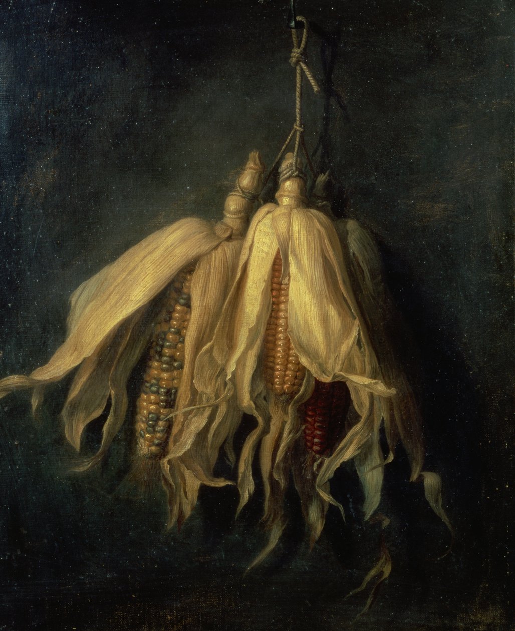 Tři kukuřičné klasy visící na hřebíku (olej na plátně) od Cornelis van Spaendonck