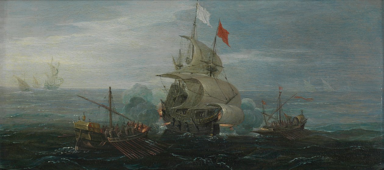 Francouzská loď a barbarští piráti, asi 1615 (olej na dubové desce) od Cornelius Bol