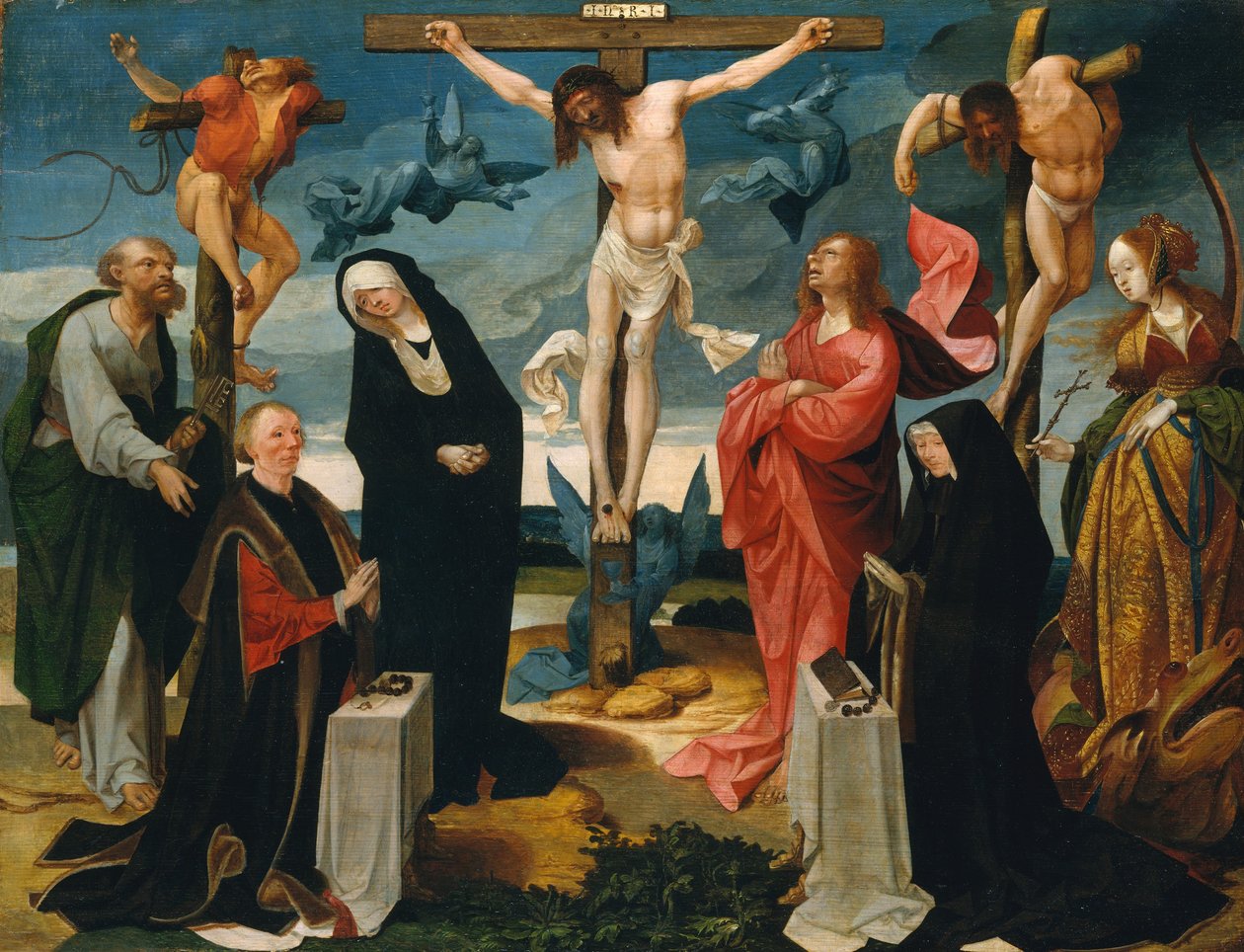 Ukřižování s dárci a svatými Petrem a Markétou, ca. 1525-27. od Cornelius Engebrechtsz