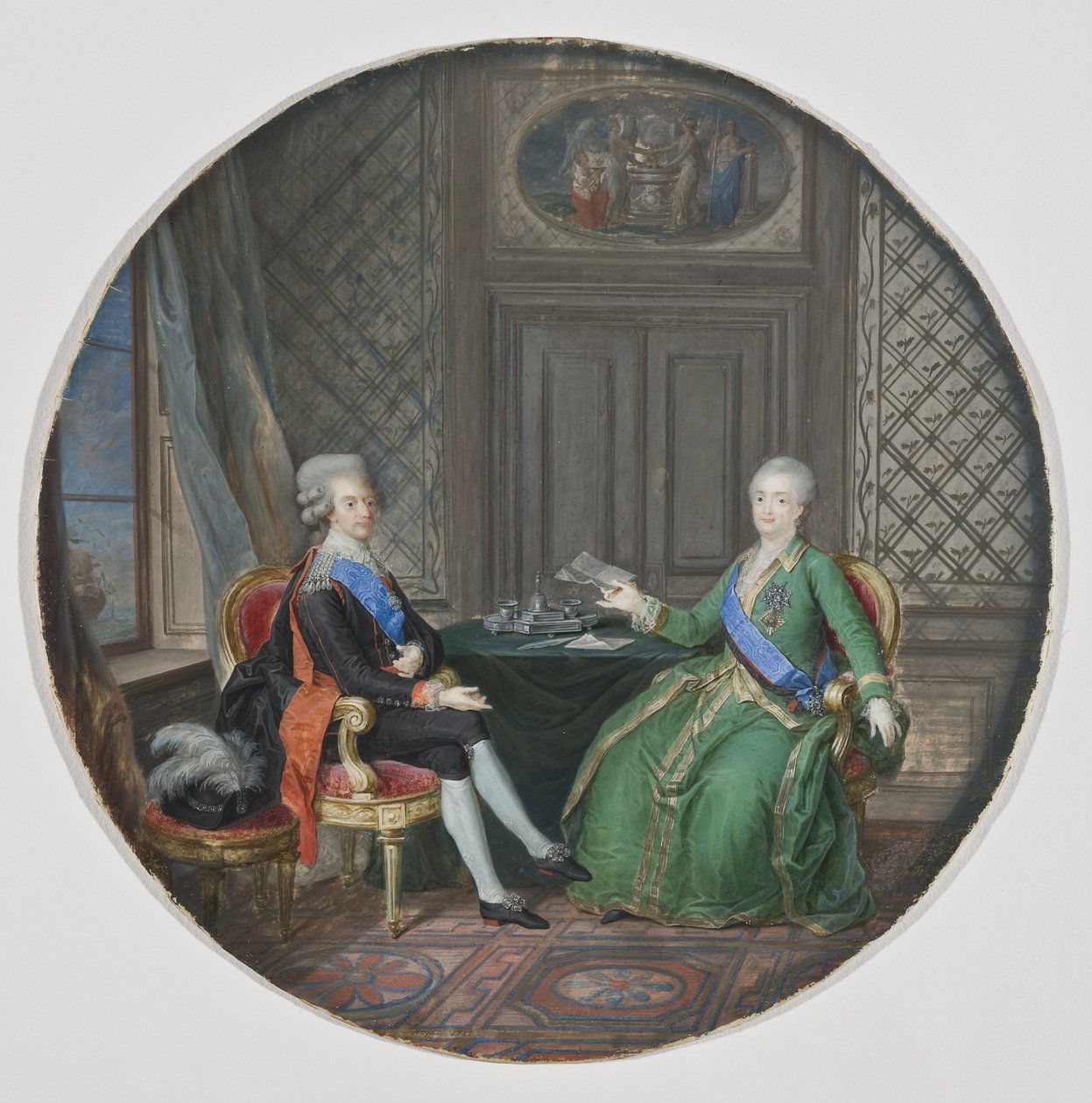 Gustav III de suède (1746-1792) a Kateřina II de Russie (1729-1796) a Fredrikshamn (aktuelle Hamina, Finlande) - švédský král Gustav III a Ruska Kateřina II ve Fredrikshamnu, Hoyer, Cornelius (1741-1804) . Akvarel na pergamenu od Cornelius Hoyer