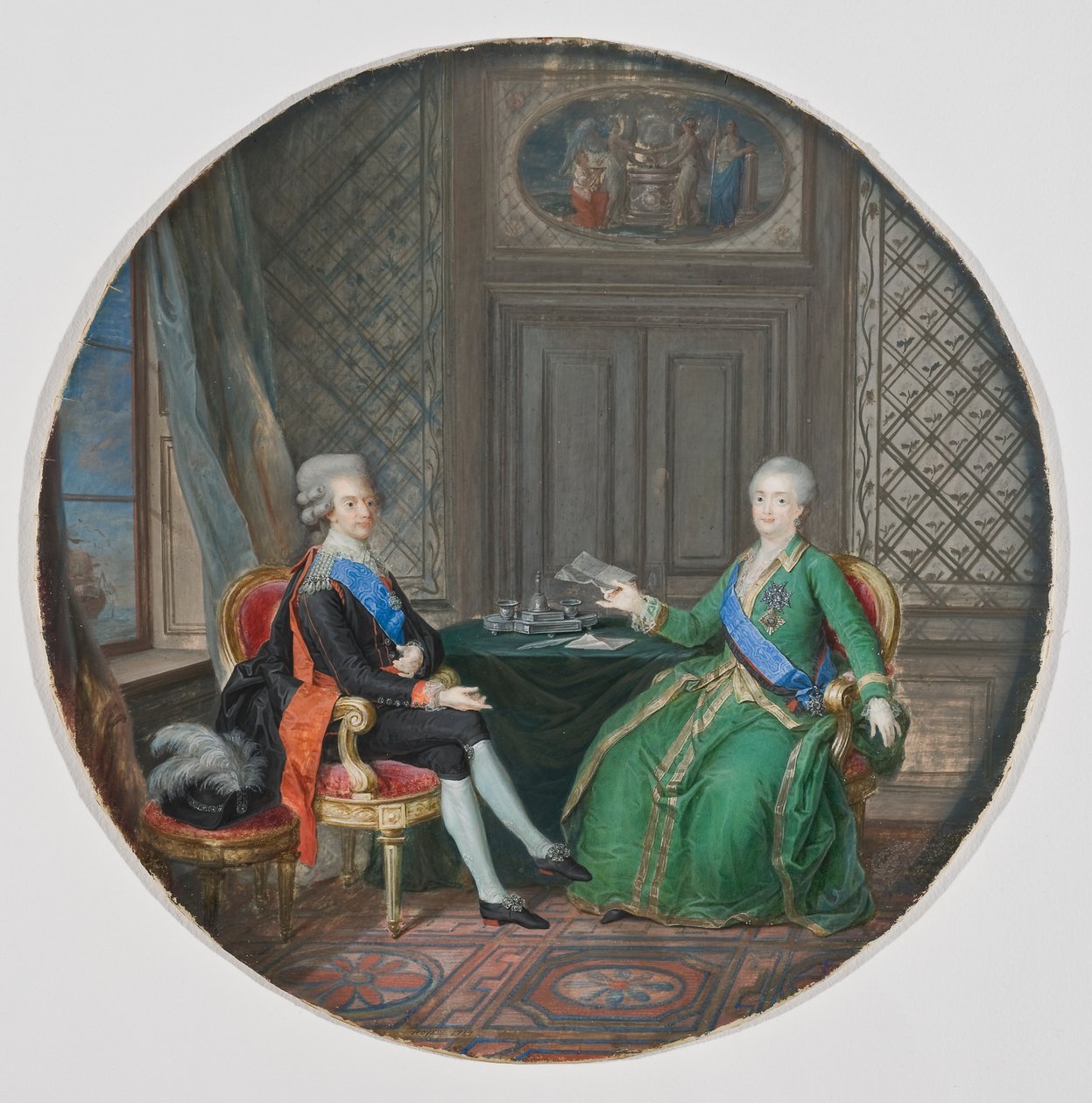 Ruský král Gustav III a Kateřina II ve Fredrikshamnu 1783 (akvarel na pergamenu) od Cornelius Hoyer