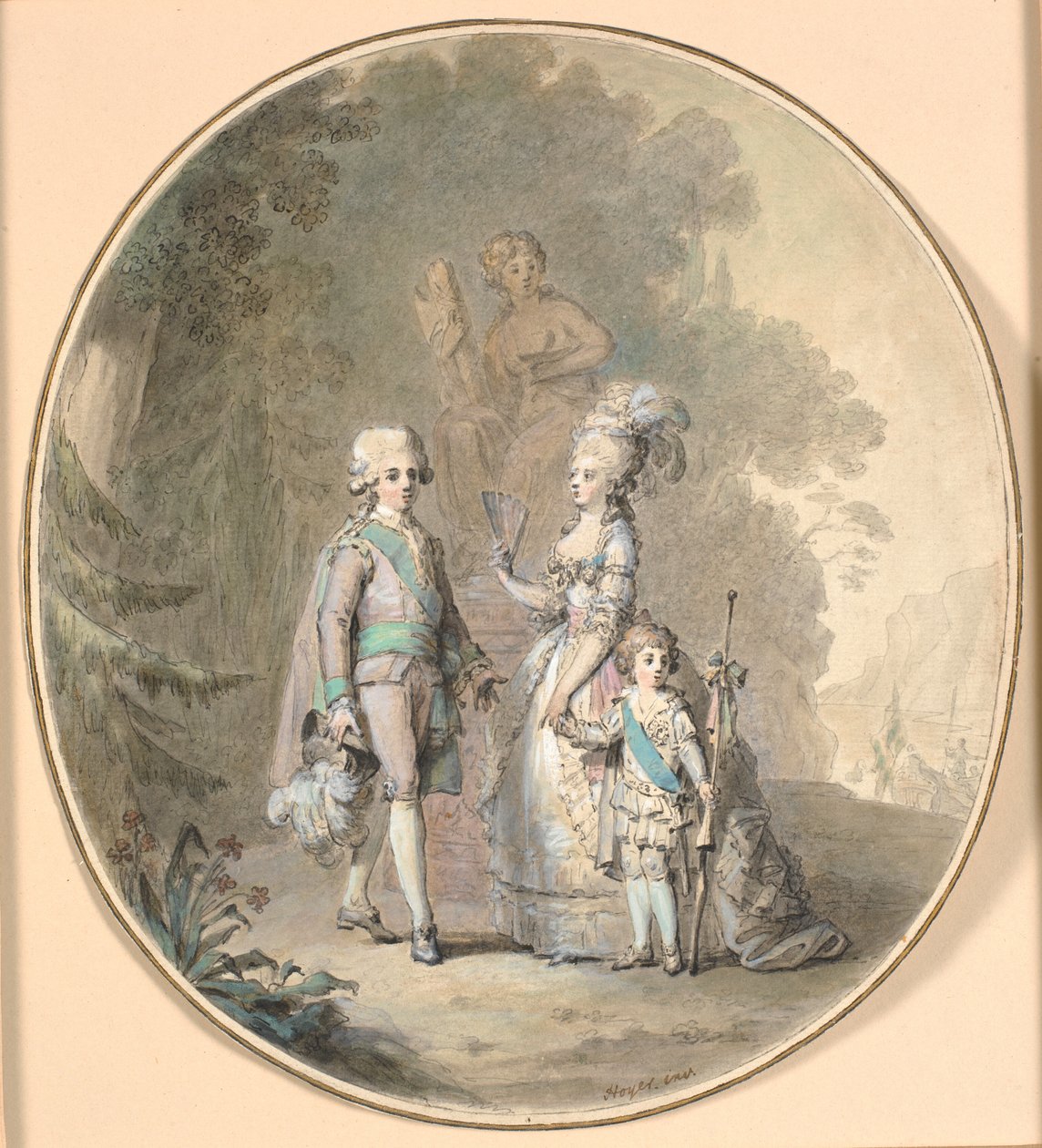 Gustav III, královna Sophie Magdalene a korunní princ Gustav Adolph na procházce v Hagaparkenu. od Cornelius Høyer