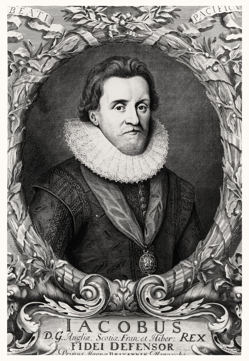 Portrét Jakuba I., krále Velké Británie, vyryl R.White, 1669 od Cornelius I after Johnson