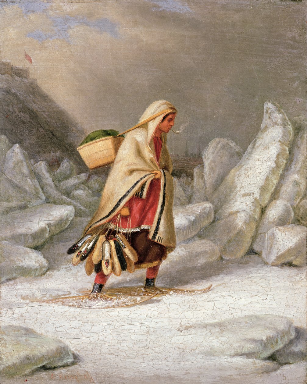 Indická žena na sněžnicích od Cornelius Krieghoff