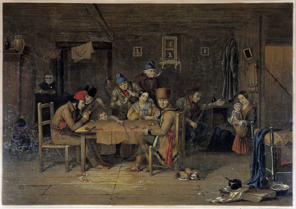 Francouzští osadníci v Kanadě hrají karty - obraz od Krieghoffa od Cornelius Krieghoff