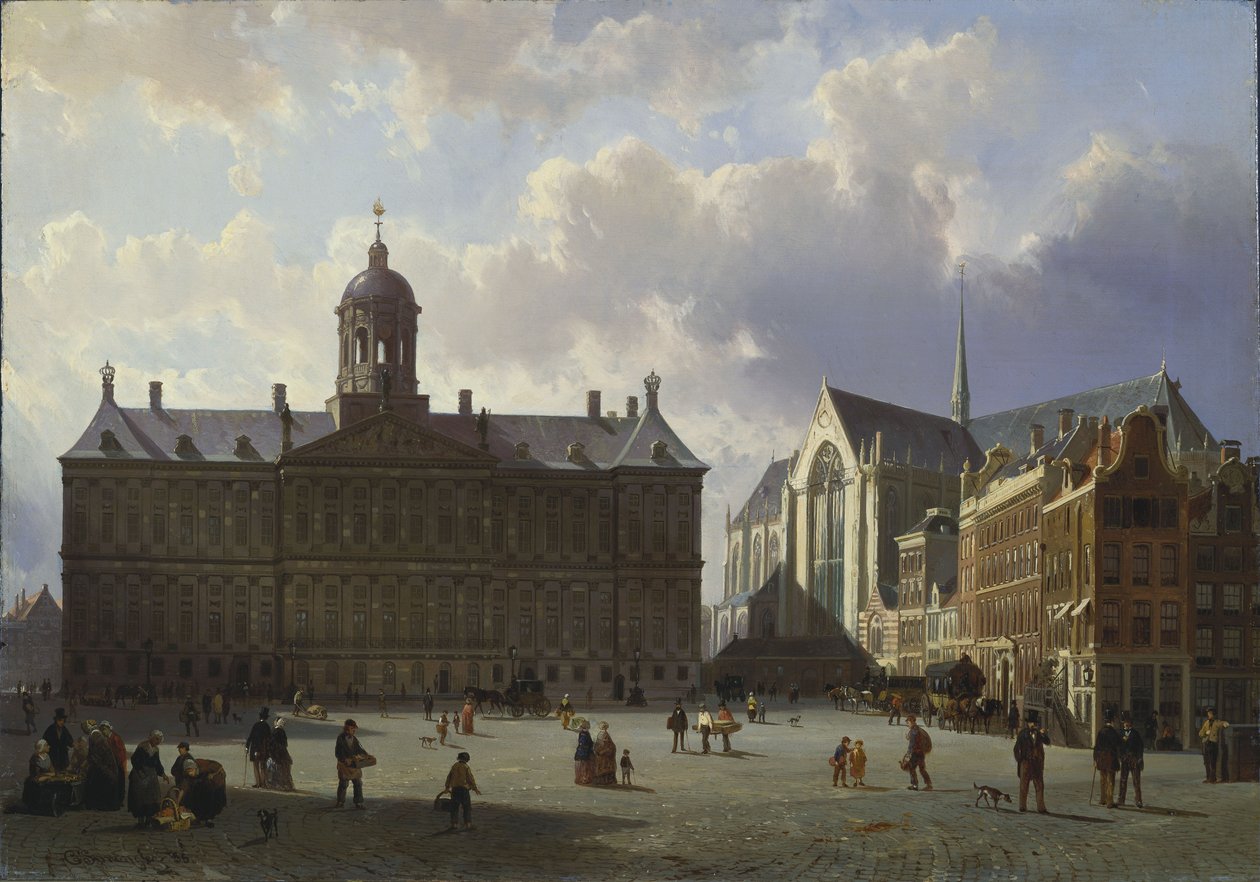 Náměstí Dam s královským palácem, Amsterdam, 1855 od Cornelis Springer