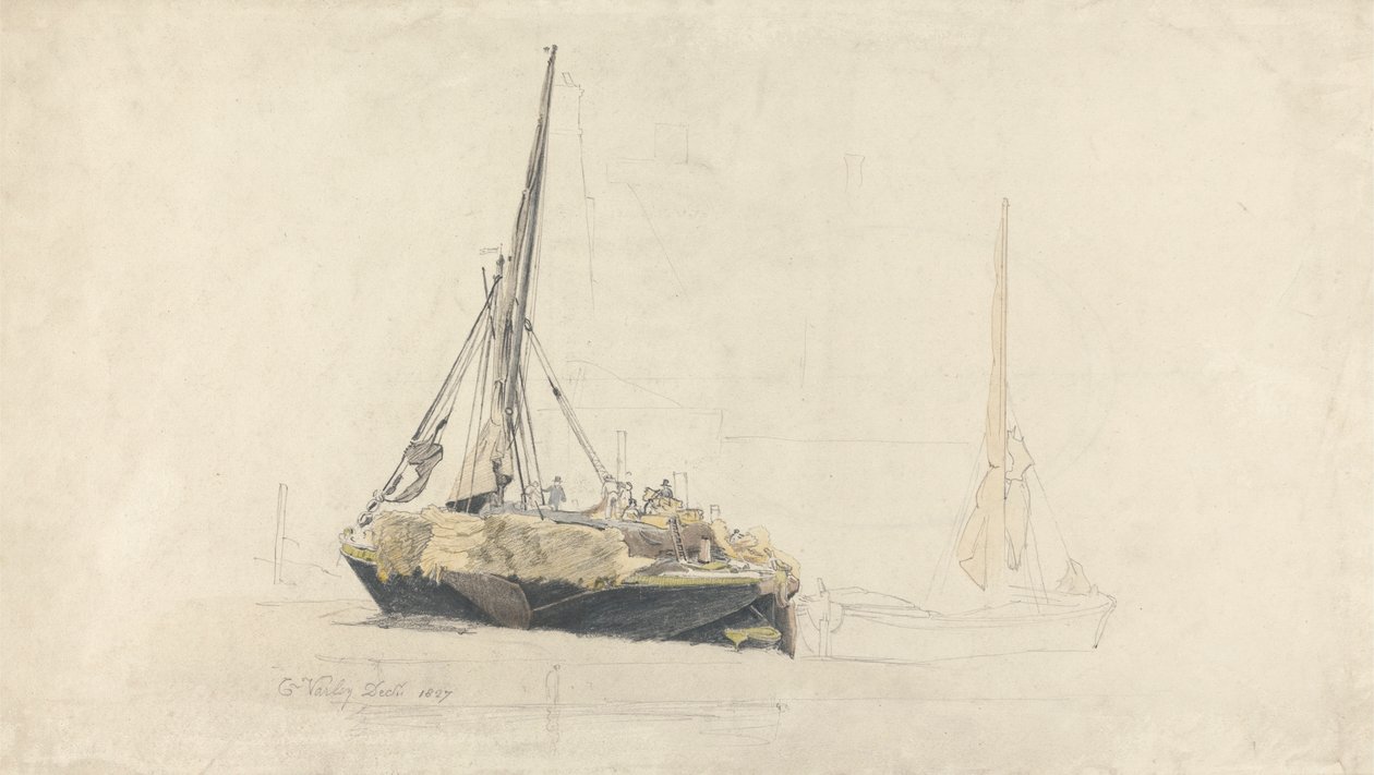 Plachetní člun naložený senem, prosinec 1827 od Cornelius Varley
