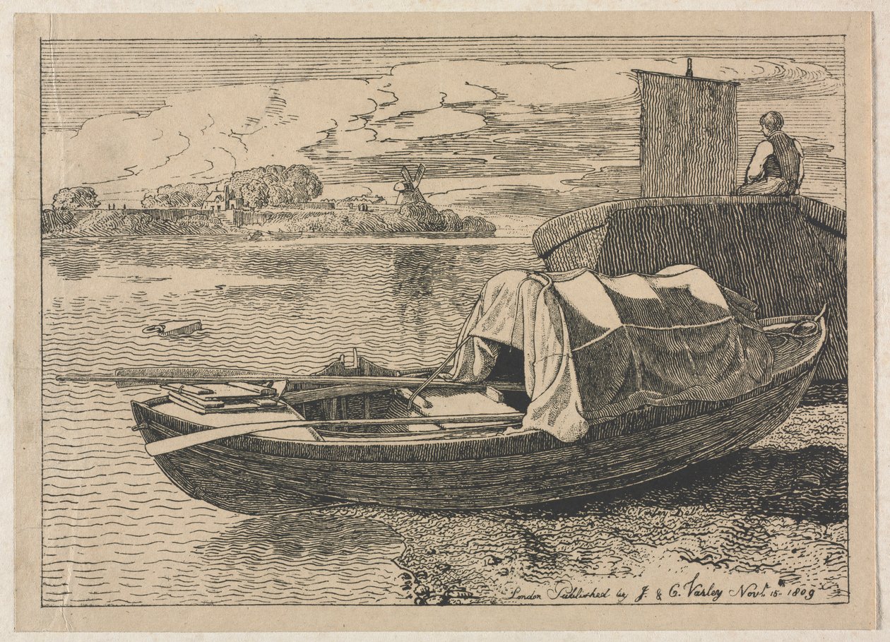 Lodě na řece, Windmill in Distance, 1809. od Cornelius Varley