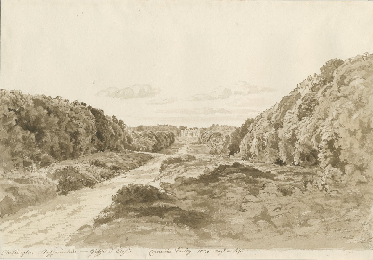 Chillington Hall: sépiová kresba, 1820 od Cornelius Varley