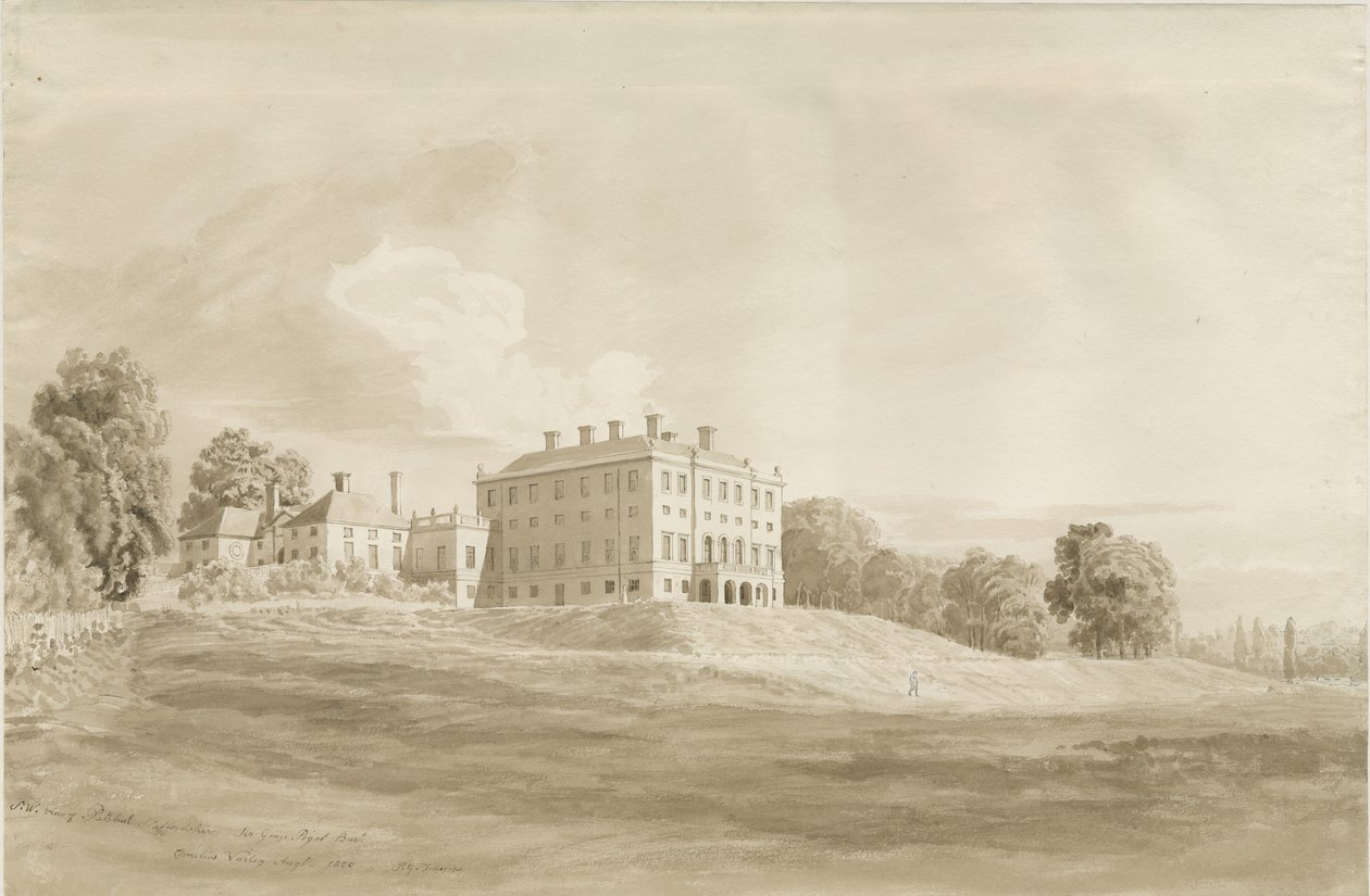 Patshull House: sépiová kresba, srpen 1820 od Cornelius Varley