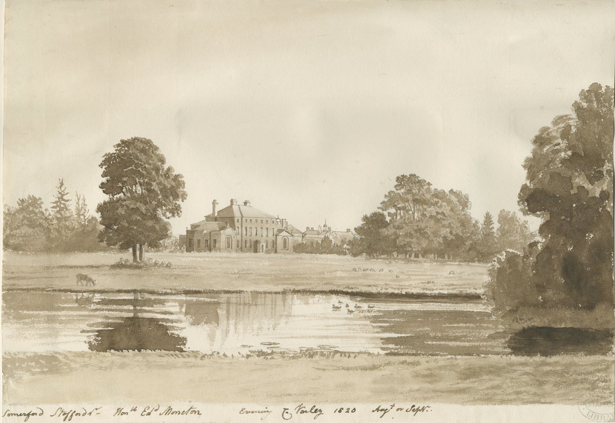 Somerford Hall: sépiová kresba od Cornelius Varley