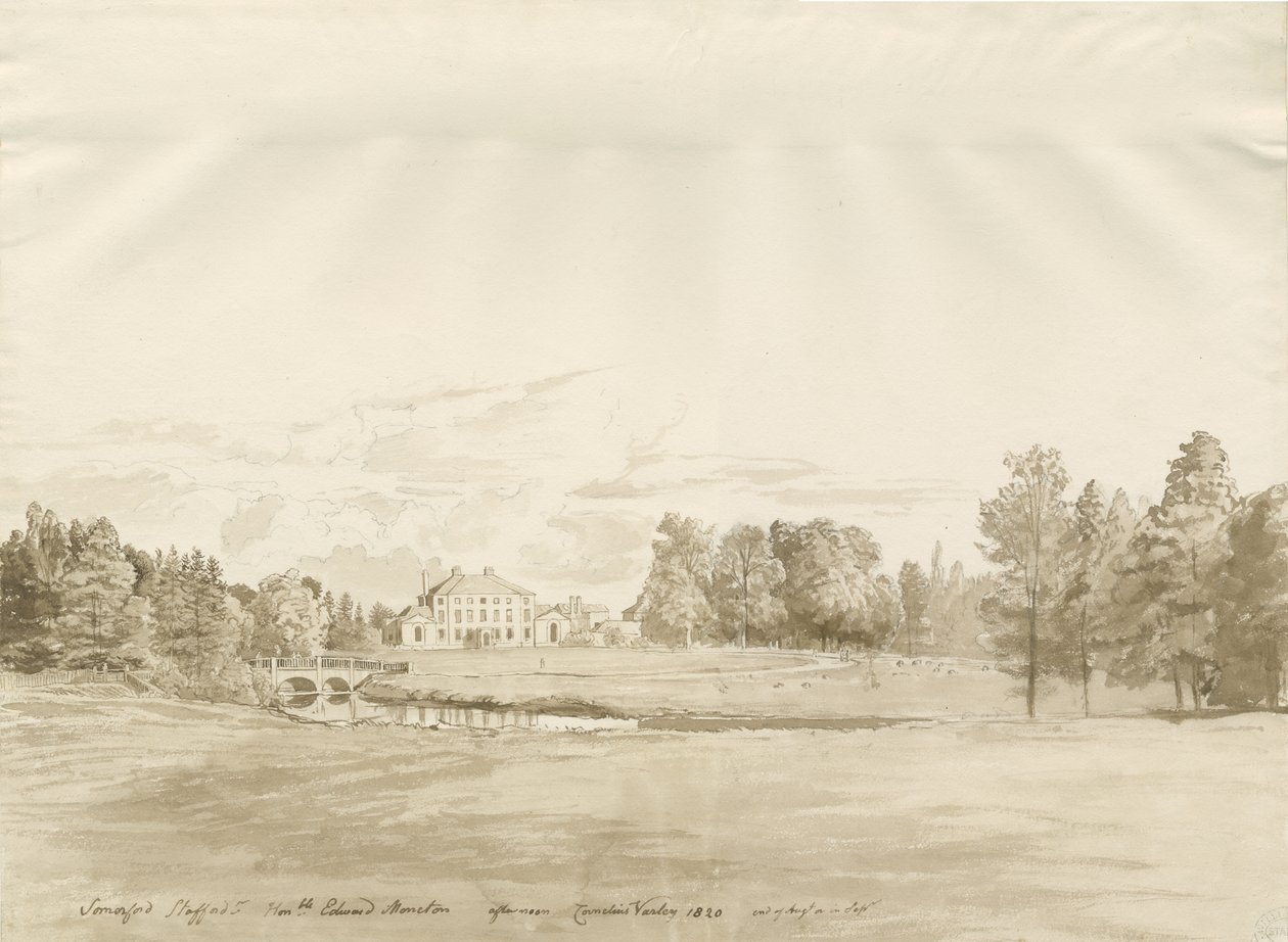 Somerford Hall: sépiová kresba od Cornelius Varley