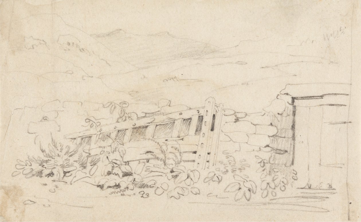 Studie kamenné zdi a brány od Cornelius Varley