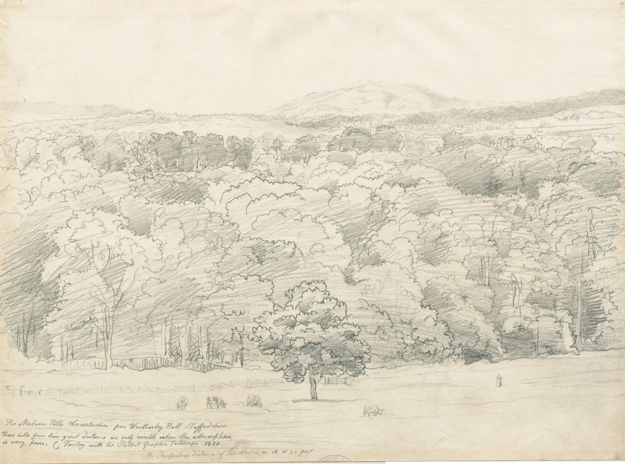 Wrottesley Hall - Pohled na Malvern Hills: kresba tužkou, 1820 od Cornelius Varley