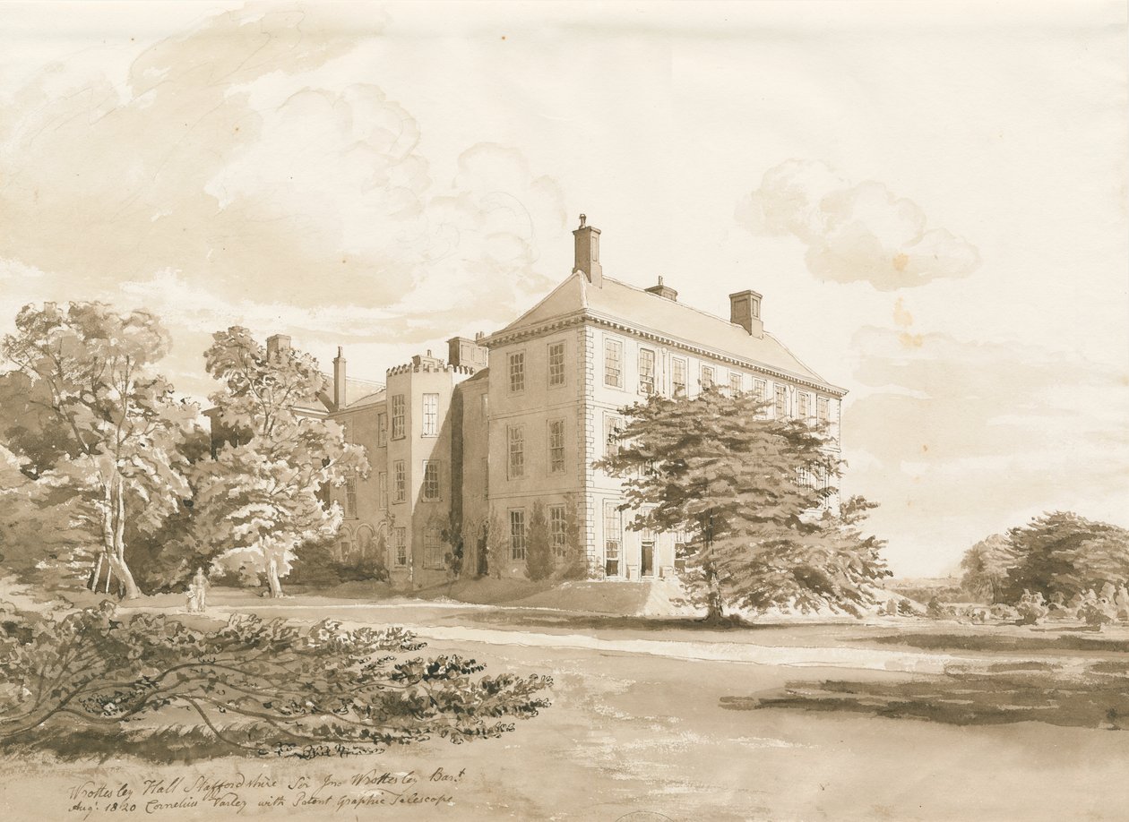 Wrottesley Hall: sépiová kresba, srpen 1820 od Cornelius Varley