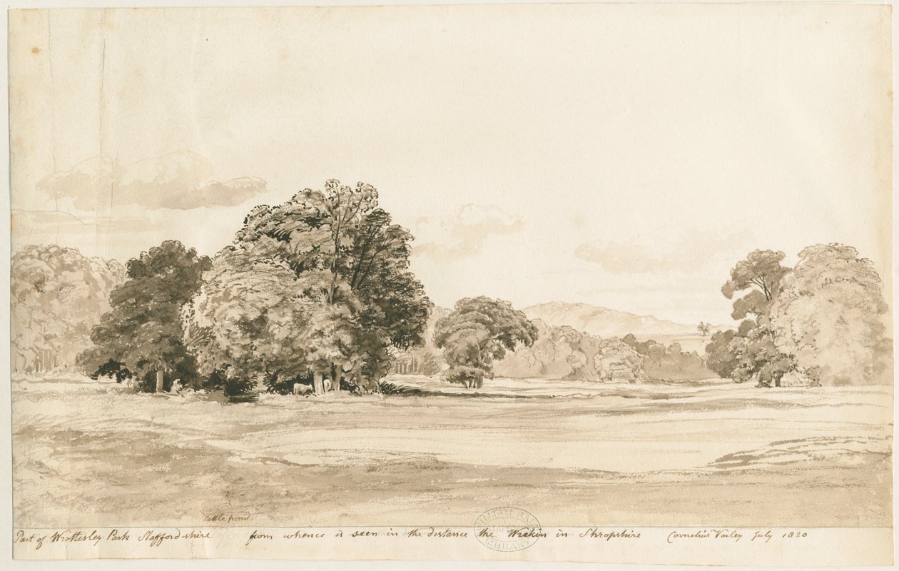 Wrottesley Park: sépiová kresba, červenec 1820 od Cornelius Varley