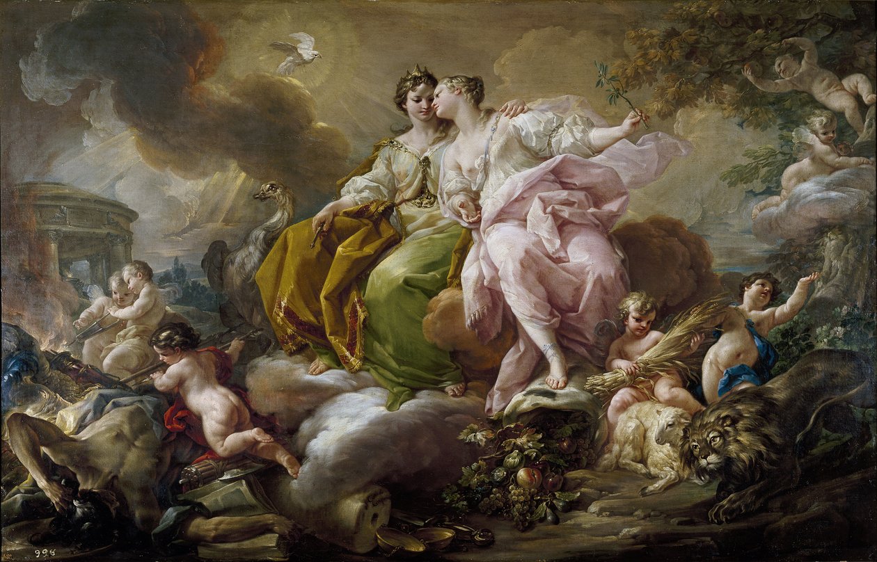 Spravedlnost a mír - obraz Corrada Giaquinta (1703-1766) - c. 1754 - Olej na plátně - 216x325 cm - Rokokové umění - Museo del Prado, Madrid od Corrado Giacquinto
