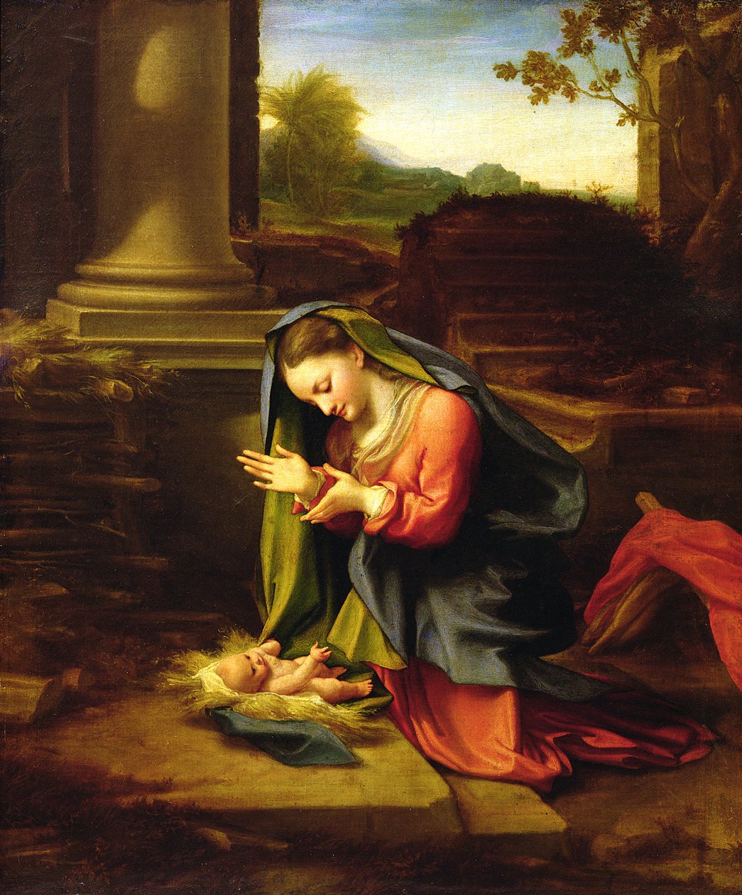 Panna Maria uctívající dítě, asi 1518-20 od Antonio da Correggio