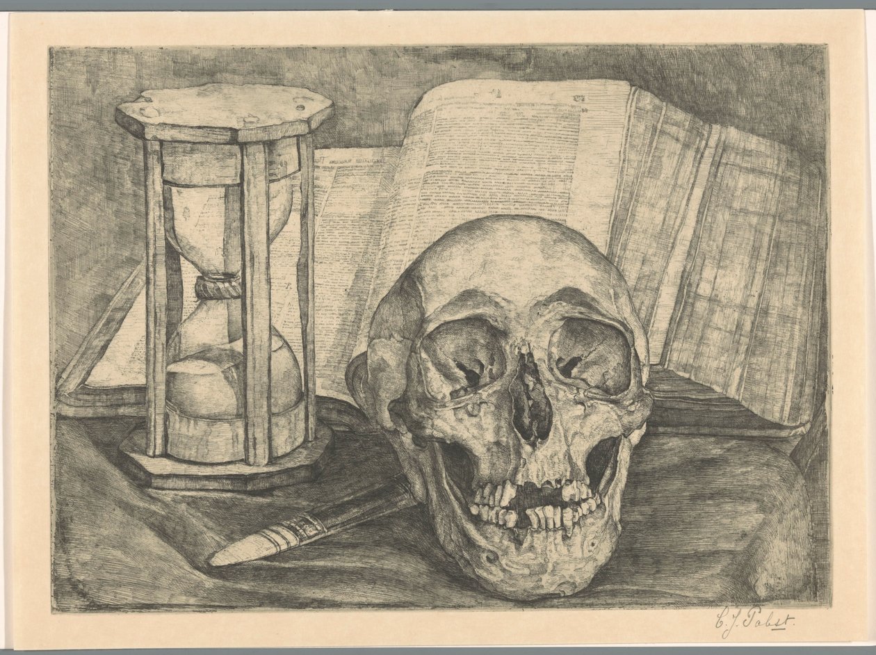 Zátiší s lebkou, přesýpacími hodinami, knihou a nožem od Corrie Pabst (signed by artist)