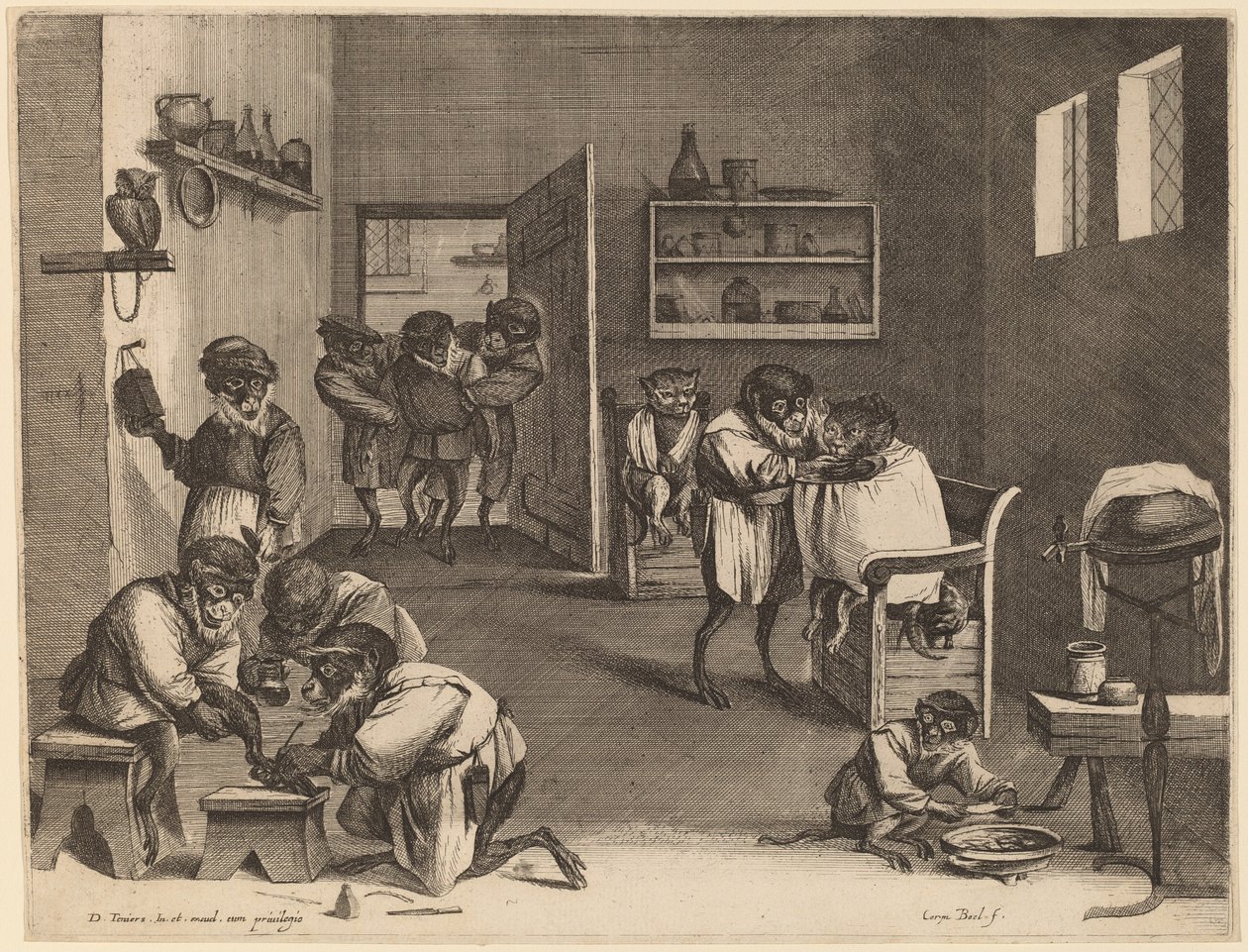 Holičství opic od Coryn Boel after David Teniers the Younger