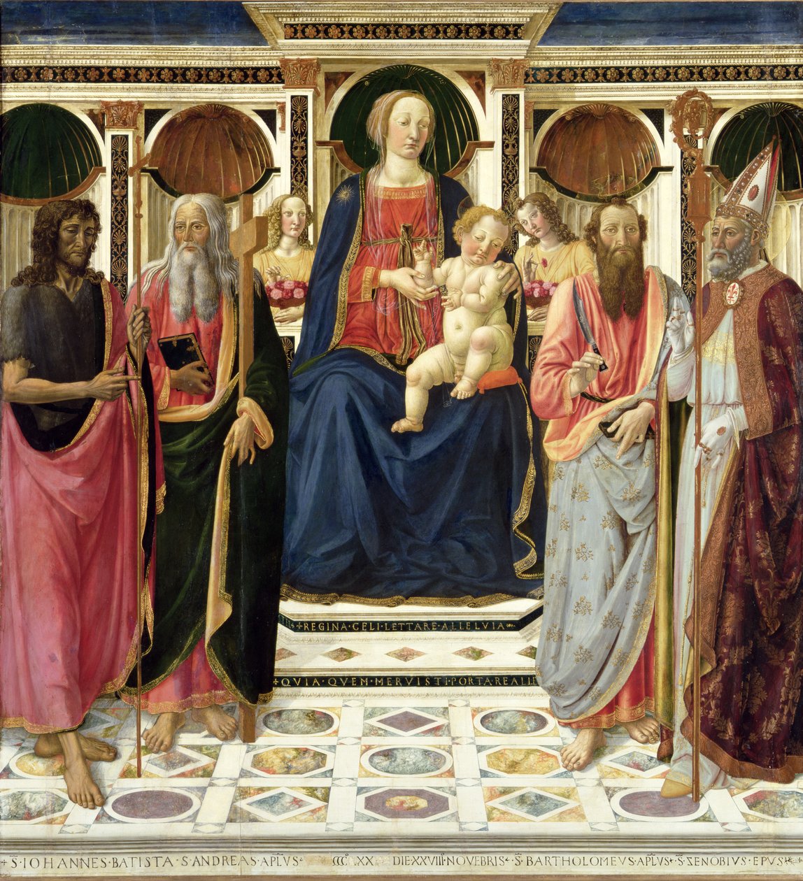 Panna a dítě s SS. Jan Křtitel, Ondřej, Bartoloměj a Zenobius, kolem roku 1478 (tempera se zlatem na desce) od Cosimo Rosselli