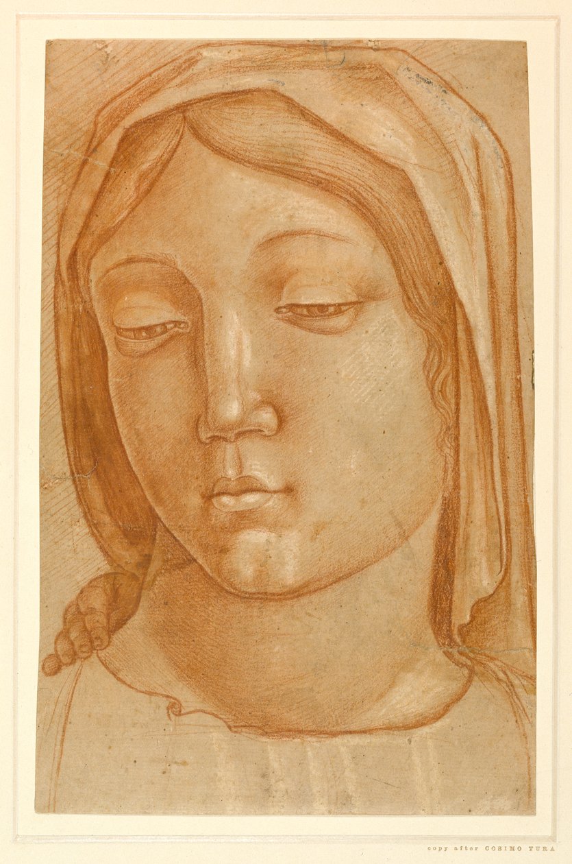 Hlava Panny Marie s prsty dětské ruky na pravém rameni (červená křída na papíře) od Cosimo (after) Tura