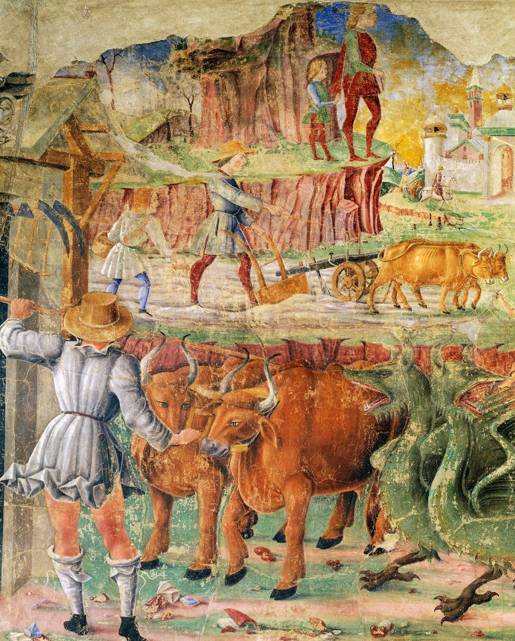 Zemědělský obraz, detail z Triumph of Ceres, scéna z měsíce srpna, cca 1470, připisována Cosimu Turovi a mistru Ercole, freska, severní stěna, Síň měsíců, Palazzo Schifanoia (Palác radosti), Ferrara, Emilia- Romagna. Itálie od Cosimo (attr. to) Tura