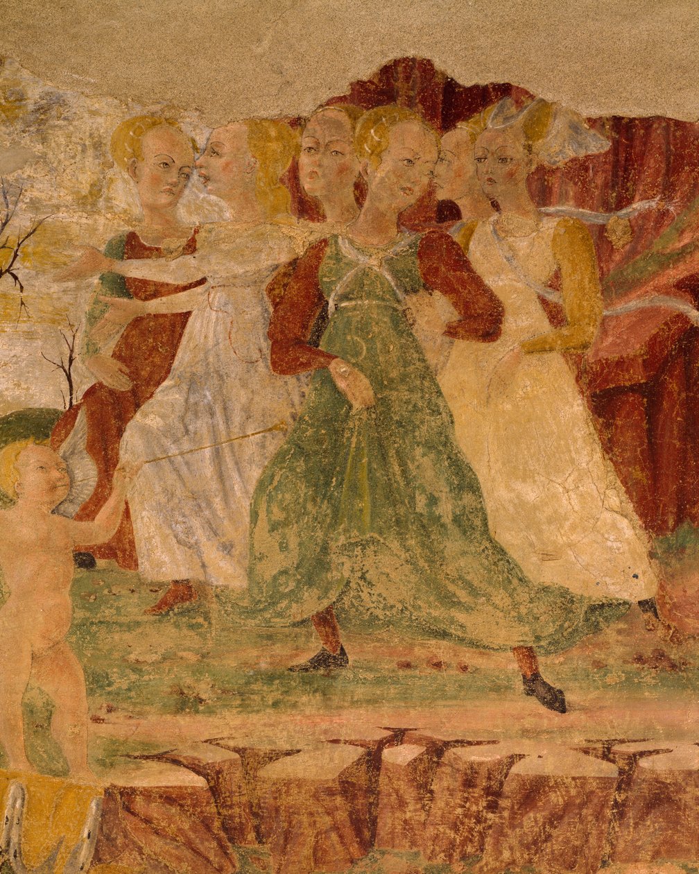 Zoufalství služebných z Proserpiny, detail z Triumph of Ceres, scéna z měsíce srpna, připisovaná Cosimu Turovi a mistru Ercole, freska, severní stěna, Síň měsíců, Palazzo Schifanoia (Palác radosti), Ferrara, Itálie, kolem roku 1470 od Cosimo (attr. to) Tura