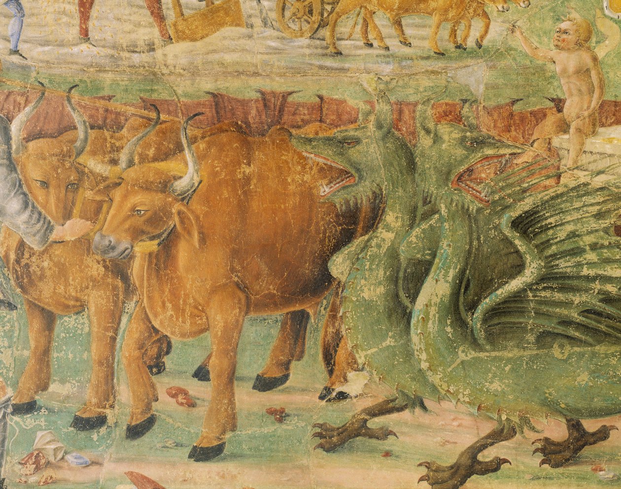 Draci a obrazy venkovského života, detail z Triumph of Ceres, scéna z měsíce srpna, připisovaná Cosimo Tura (asi 1430-1495) a Master of Ercole, freska, severní stěna, Hall of Months, Palazzo Schifanoia (Palác radosti) , Ferrara, Itálie, kolem roku 1470 od Cosimo (attr. to) Tura