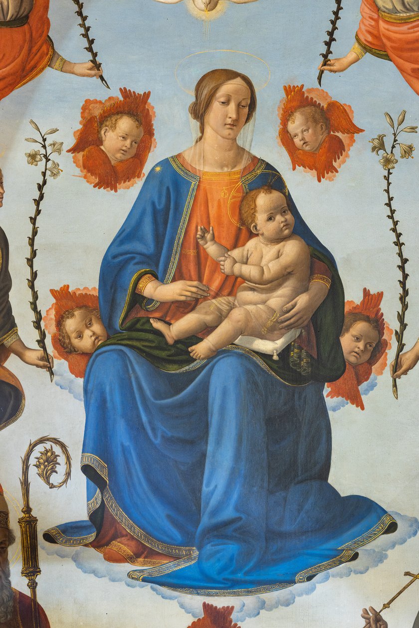 Madona s dítětem ve slávě, svatý Ambrož, svatý František z Assisi, Bůh Otec a andělé, Oltářní obraz, detail (freska) od Cosimo Rosselli