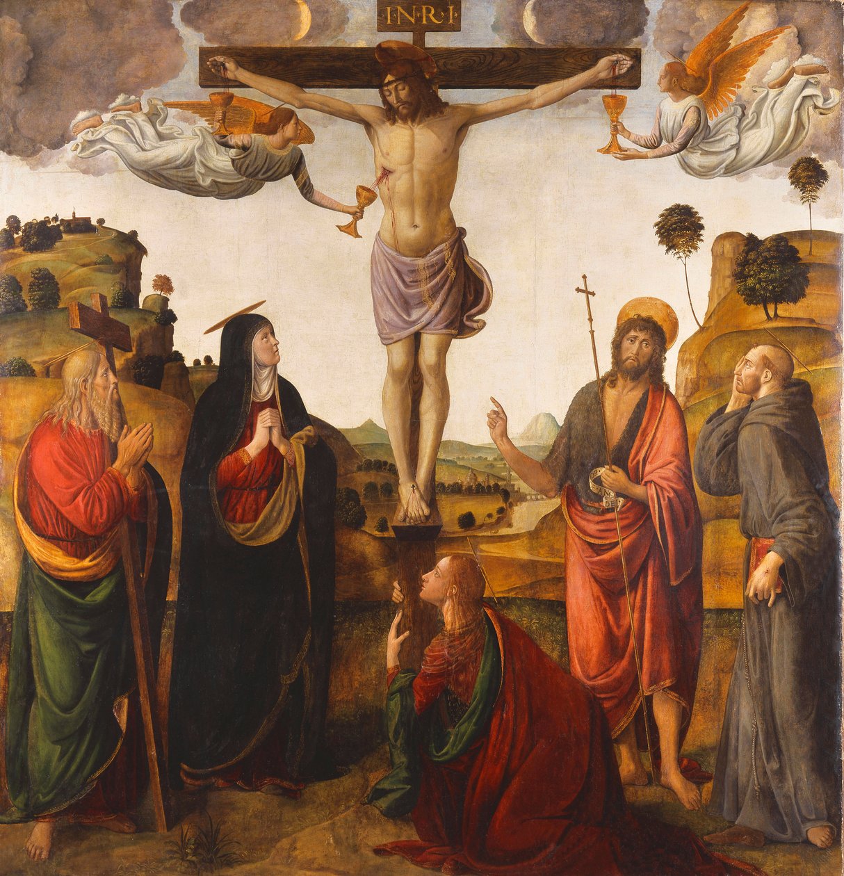 Ukřižování s Madonou, svatými Janem Křtitelem, Marií Magdalenou, Ondřejem a Františkem, 1503 od Cosimo Rosselli