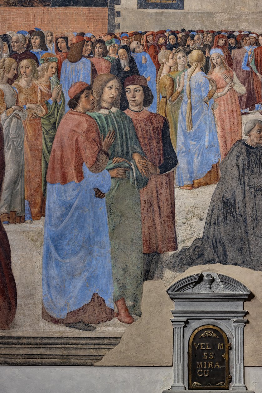 Skupina novoplatónských humanistů“ (zleva Marsilio Ficino, Giovanni Pico della Mirandola a Agnolo Poliziano): detail „Zázraku svátosti“, freska (freska) od Cosimo Rosselli