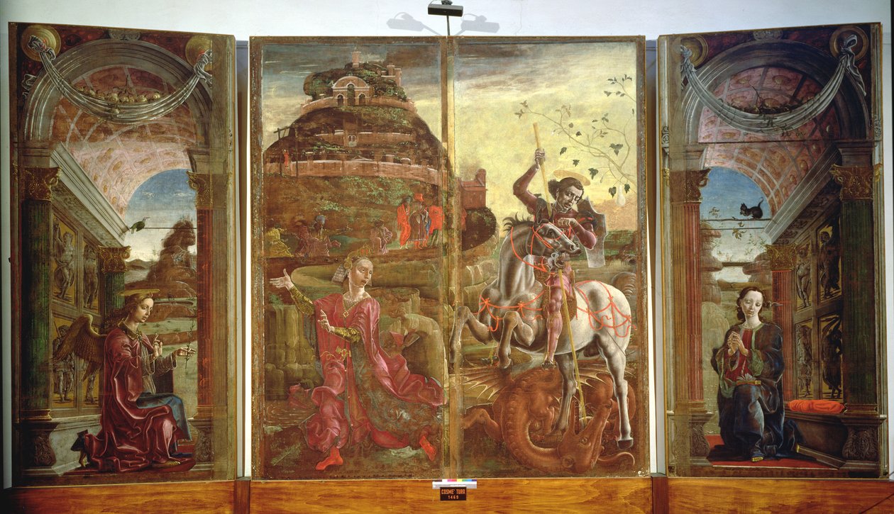 Polyptych zobrazující svatého Jiří a draka a Zvěstování, 1469 (tempera na panelu) (viz také 215997) od Cosimo Tura
