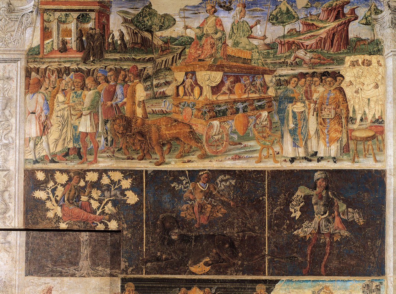 Triumf Jupitera a Kybely a znamení lva, výjevy z měsíce července, freska, severní stěna, Síň měsíců, Palazzo Schifanoia (Palác radosti), Ferrara, Itálie, cca 1470 od Cosimo Tura
