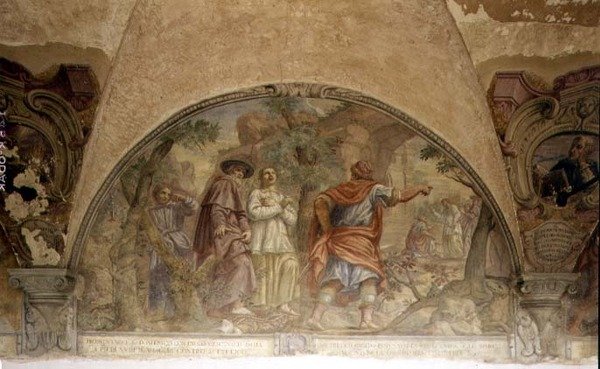 Sv. Dominik Obrácení kacíře, luneta z cyklu fresek Život sv. Dominika, v ambitu sv. Dominika, kolem roku 1698 (freska) od Cosimo Ulivelli