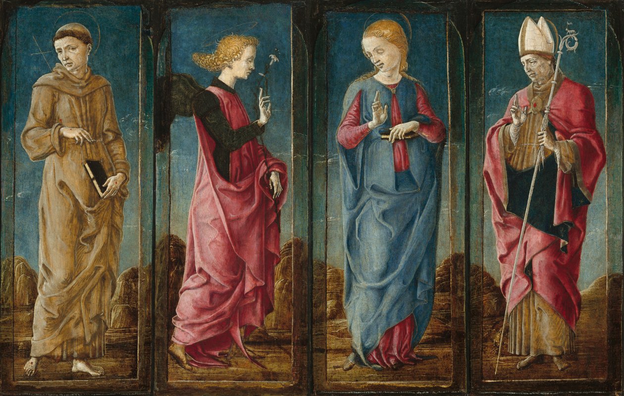 Zvěstování se svatým Františkem a svatým Ludvíkem z Toulouse [čtyři panely], c. 14701480. od Cosmè Tura