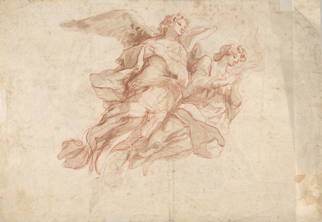 Dva andělé létající, verso: Bůh otec sedící v oblacích a skica létající postavy, c1720 od Cosmas Damian Asam