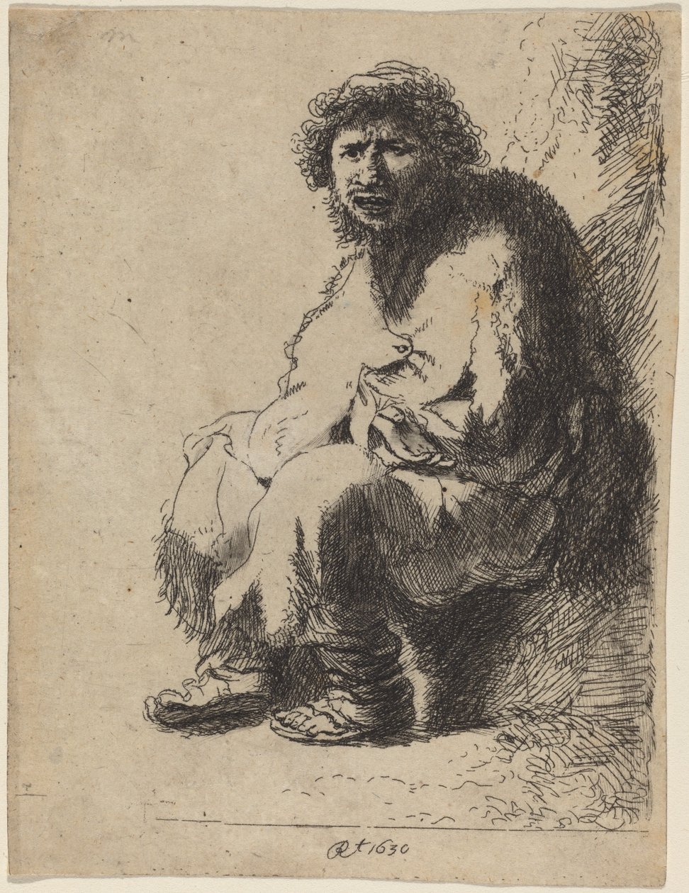 Žebrák sedící na břehu od Costantino Cumano after Rembrandt van Rijn