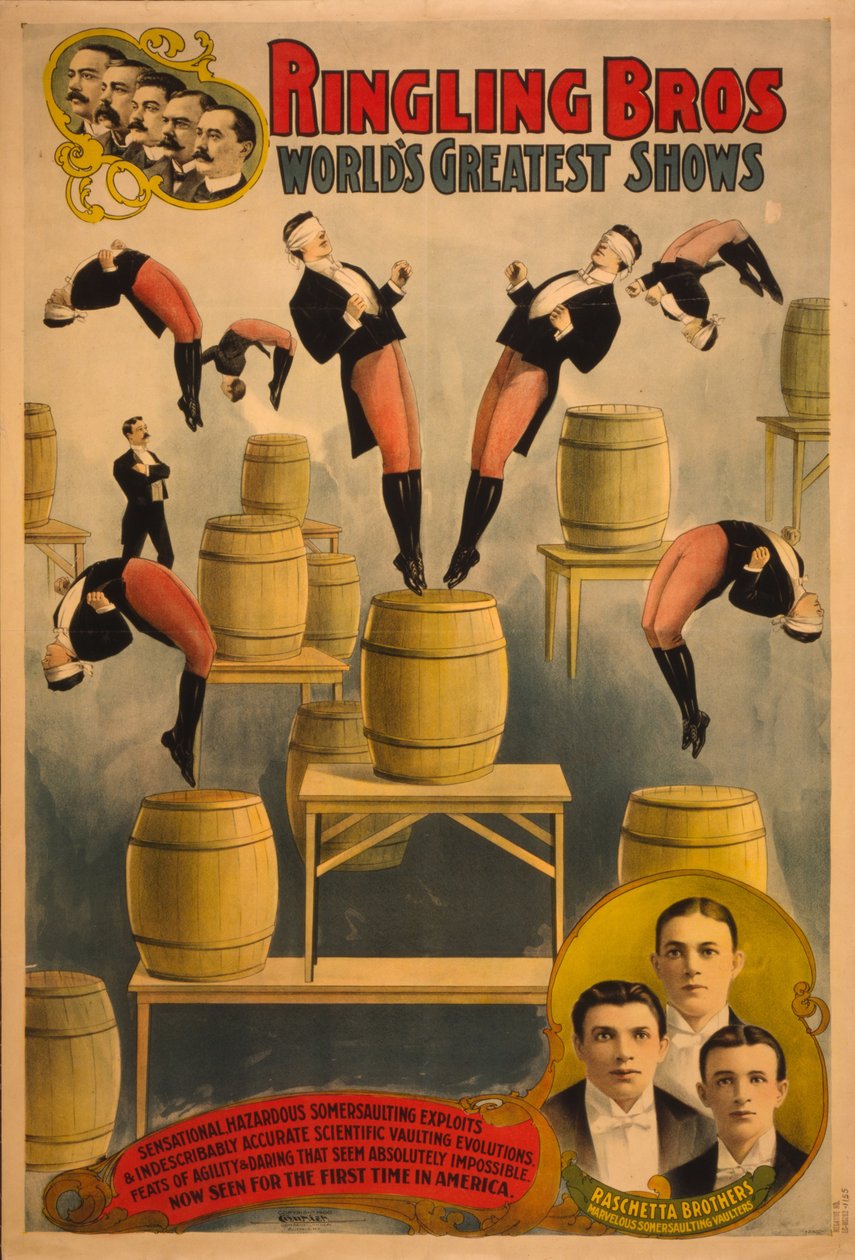 Ringling Bros, největší světová představení bratři Raschettovi, skvělí voltižéři v saltech, c. 1900 od Courier Company Lith.