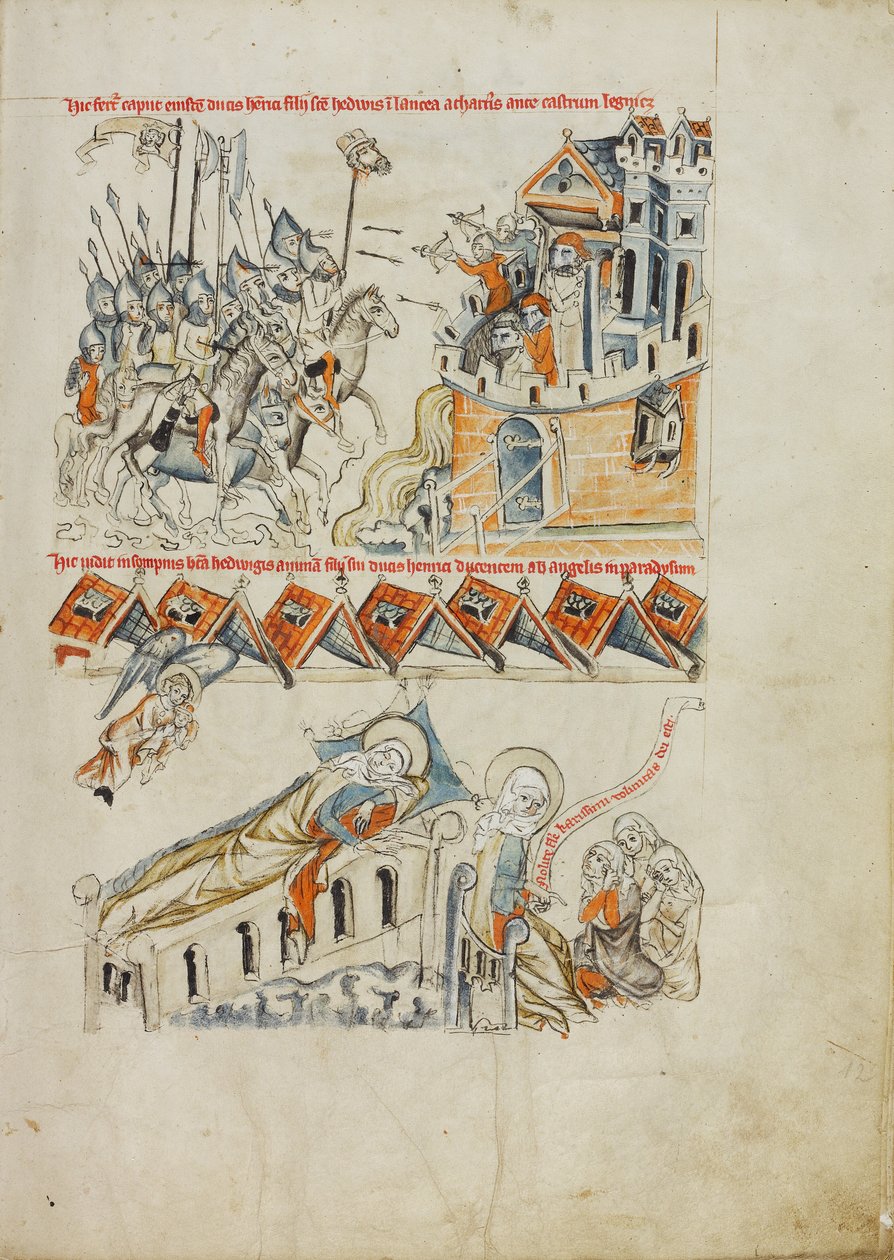 Tataři nesoucí hlavu Heinricha před hradem Liegnitz; Svatá Hedvika vidí ve snu duši svého syna nesenou do nebe. od Court workshop of Duke Ludwig I of Liegnitz and Brieg