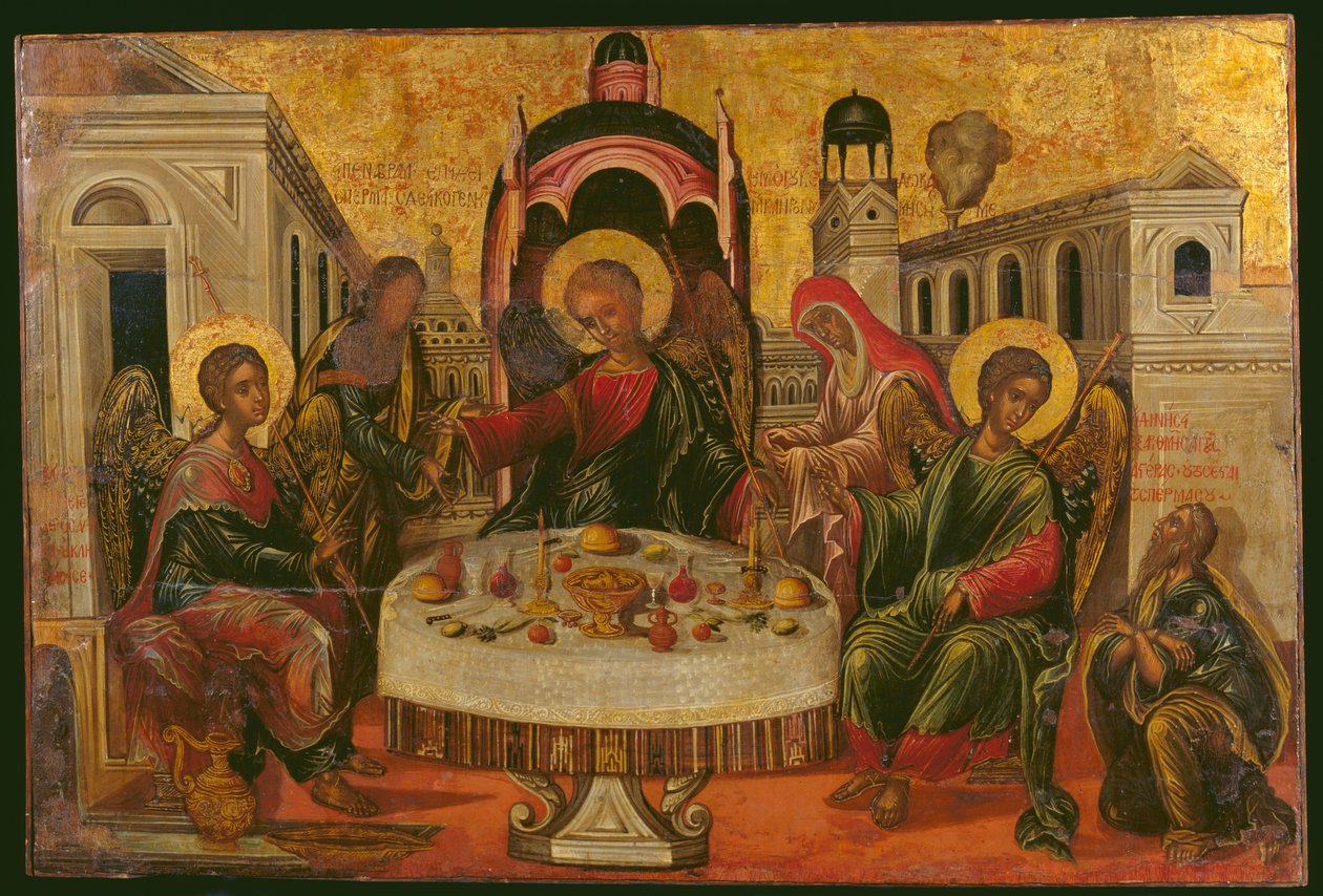 Pohostinství Abrahama a Sáry (vaječná tempera na panelu) od Cretan School