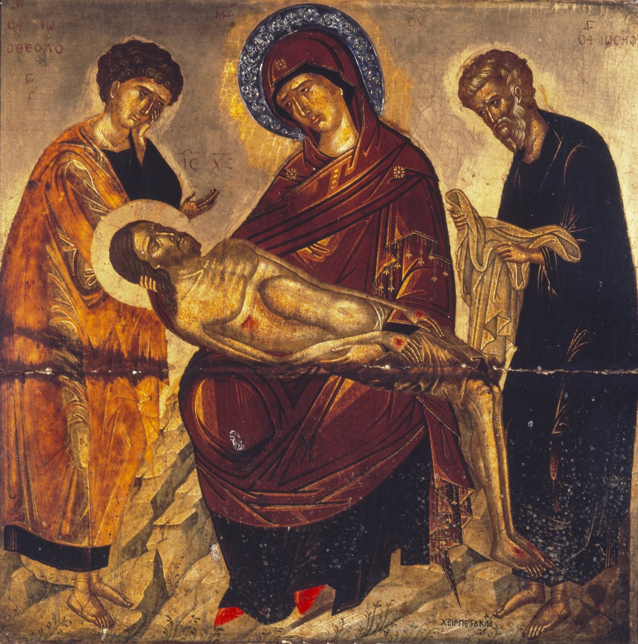 Panna Maria s mrtvým Kristem a svatými Janem Evangelistou a Josefem z Arimatie, konec 15. století (tempera a zlato na desce) od Cretan School