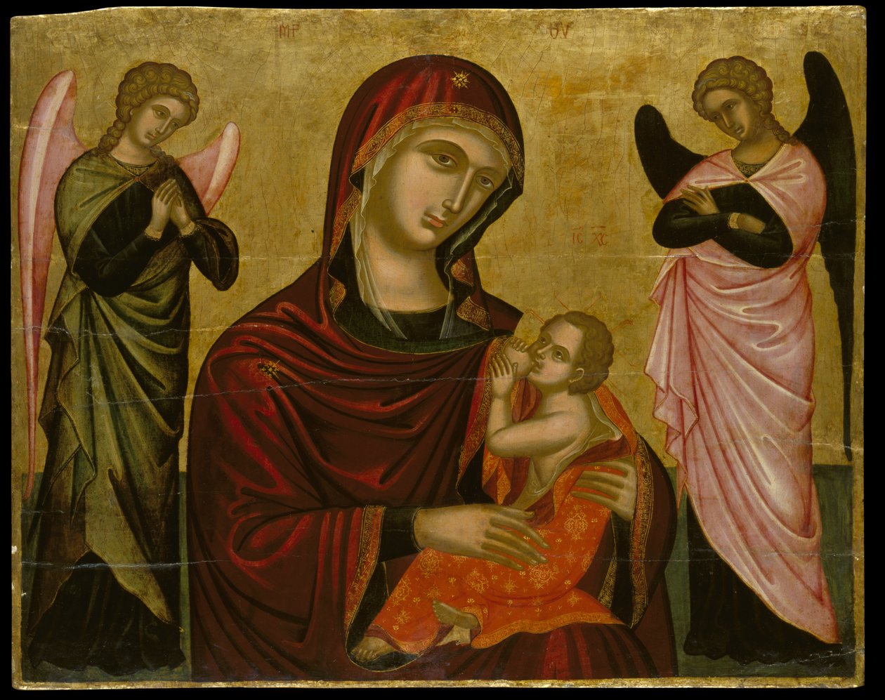 Ikona Virgin Lactans se dvěma anděly (vaječná tempera na panelu) od Cretan School